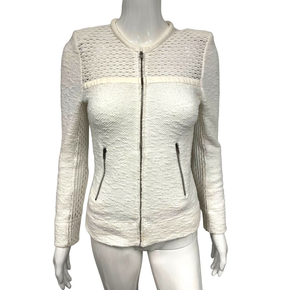 IRO White Cotton Tweed Knit Hurley Boucle Trim Zip Evening Jacket Size 36 US 4